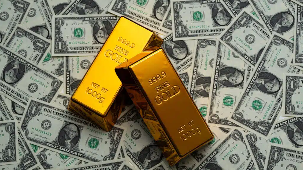 Money dollars gold bar. Saving finance in gold bar. Dollars vs gold bar. Saving money background. Dollar bills vs gold bars. Banknotes and goldbar. Banking and savings. Golden money. Precious metals.