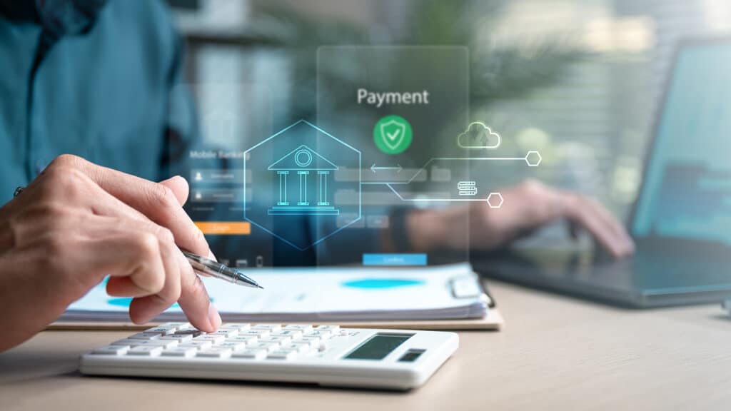 banking, finance, loan, credit, interest, fintech, deposit, Digital banking concept with holographic payment interface, calculator, and laptop representing online finance and fintech.