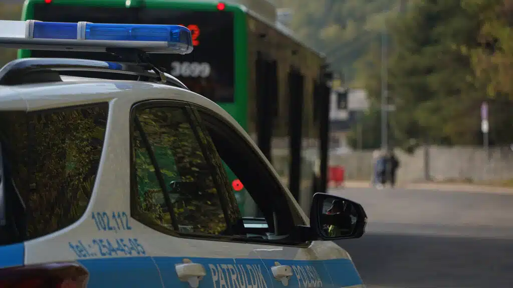 Almaty, Kazakhstan - 09.16.2022 : A Kazakh police car with flashing beacons is on patrol in a public place.