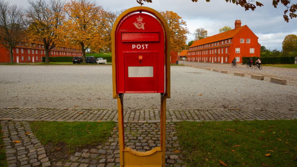 COPENHAGEN, DENMARK - OCTOBER 2019: Classical post box. Kastellet fortress, located in Copenhagen