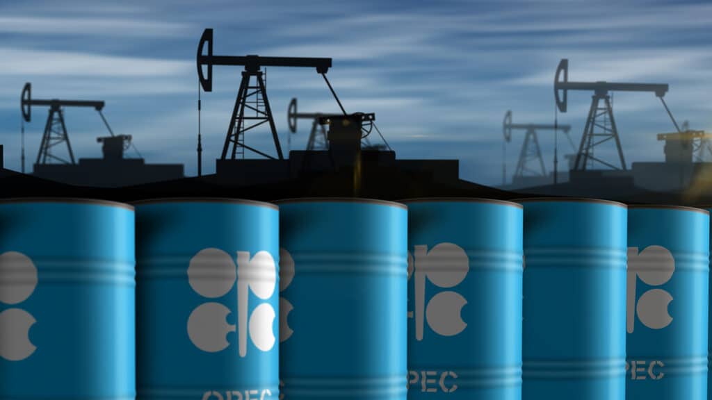 Poznan, Poland, October 24, 2023: OPEC oil petroleum fuel barrels in row concept. Organization Petroleum Exporting Countries oil producing export association industrial containers 3d illustration.