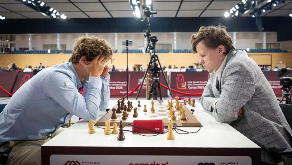 Магнус Карлсен потерпел сенсационное поражение на чемпионате мира по быстрым шахматам, черными проиграв Владиславу Артемьеву