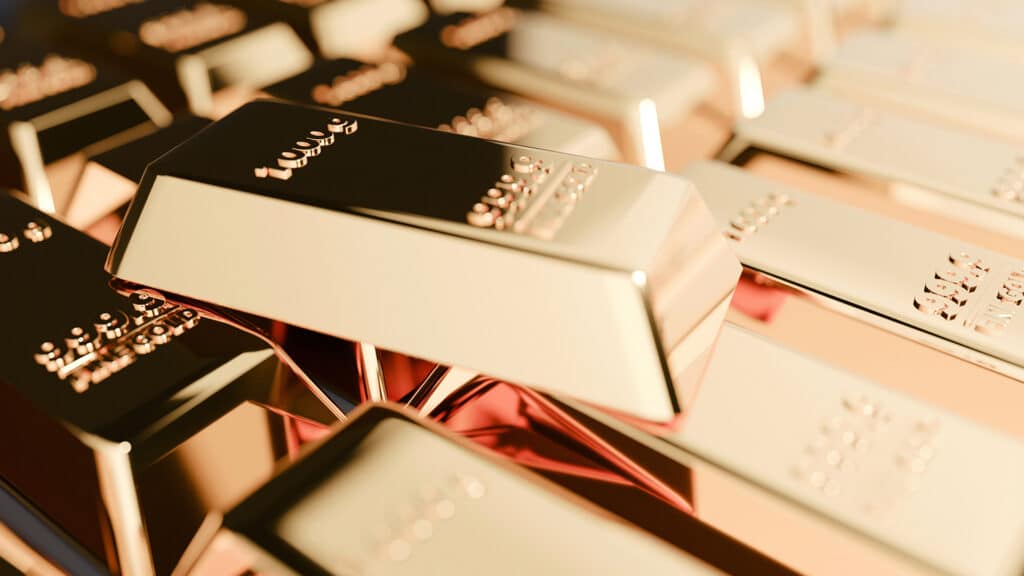 Stacks of gold bars. Background for advertising and wallpaper in market and investment scene. 3D rendering in decorative concept.