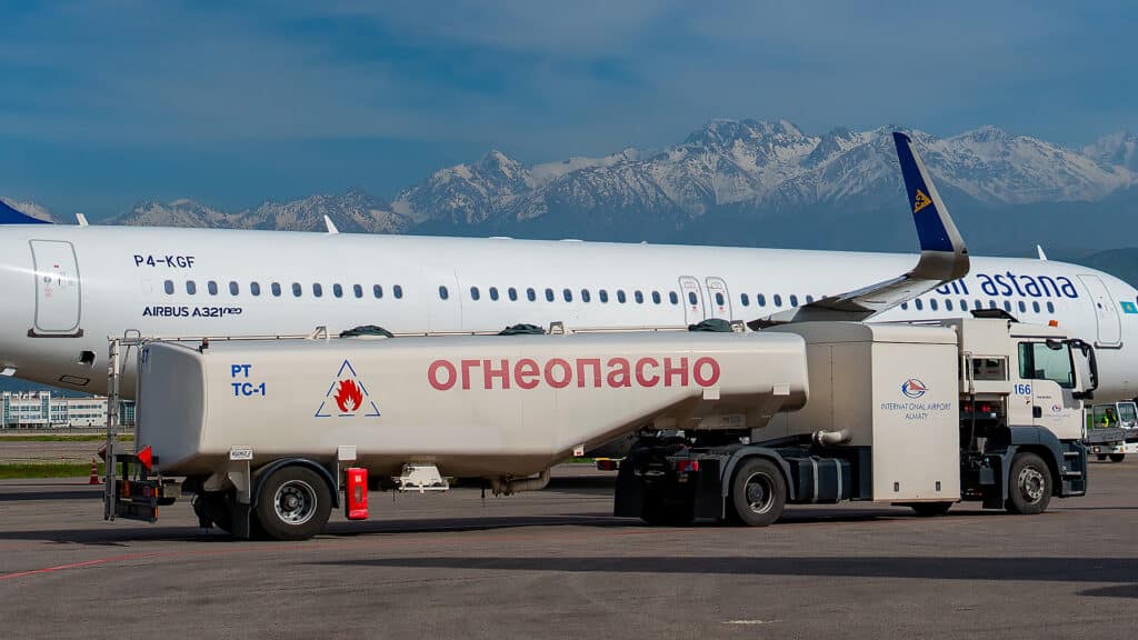 Almaty Kazakhstan May 11, 2022 - Air Astana airline Park at the runway  International Airport of Almaty. Kazakhstan