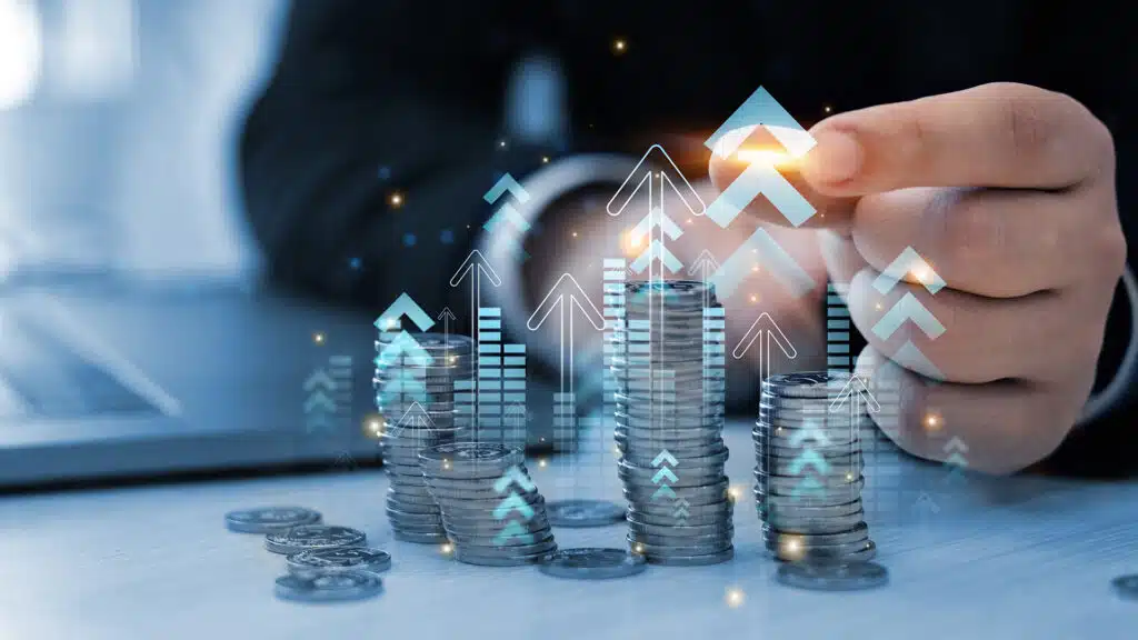 Money business financial graph diagram of coin. Financial growth data or investment market profit bar and success report.Saving money concept.Stack of coins with trading price graph growth.
