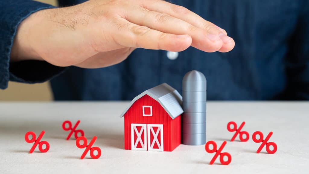 Man protects farm from high loan rates and crisis. Subsidies, debt management in agriculture. Farmer support programs during economic downturns. Resistance to financial pressure