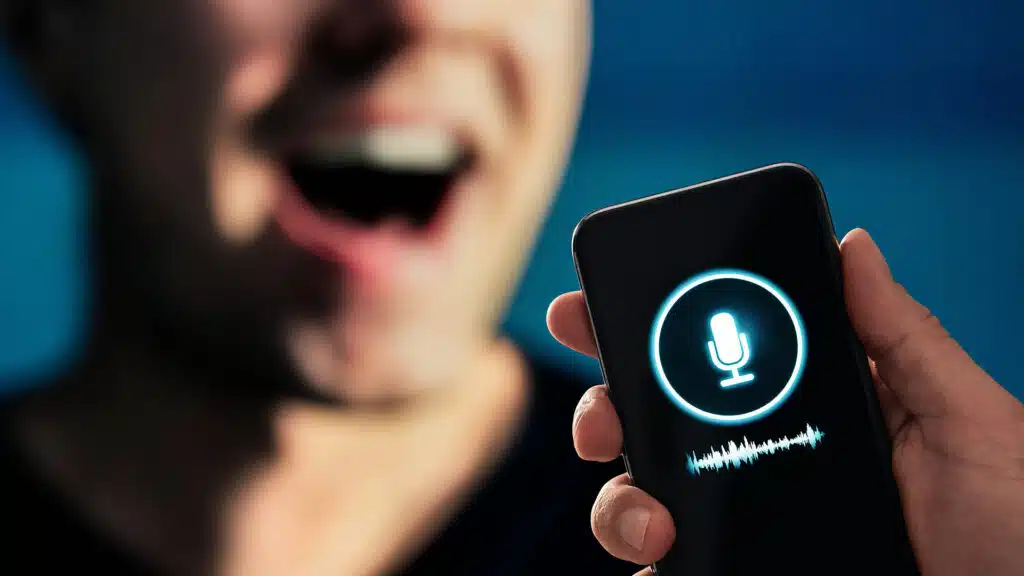 Voice recognition, AI speech generator or audio recording app on phone. Deep fake vocal sound. Mic icon and record wave. Deepfake scam. Virtual clone. Chat message. Translation or language learning.
