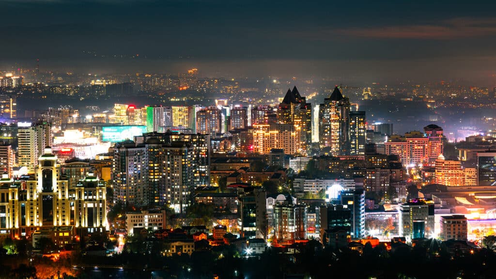 Almaty, Kazakhstan - October 28, 2023: Almaty city with modern buildings at night