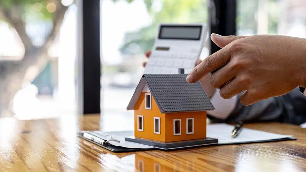 Man holding a calculator and pointing a model of a house on a table, a salesperson showing numbers calculating the cost of booking a housing project in the project. Real estate trading concept.